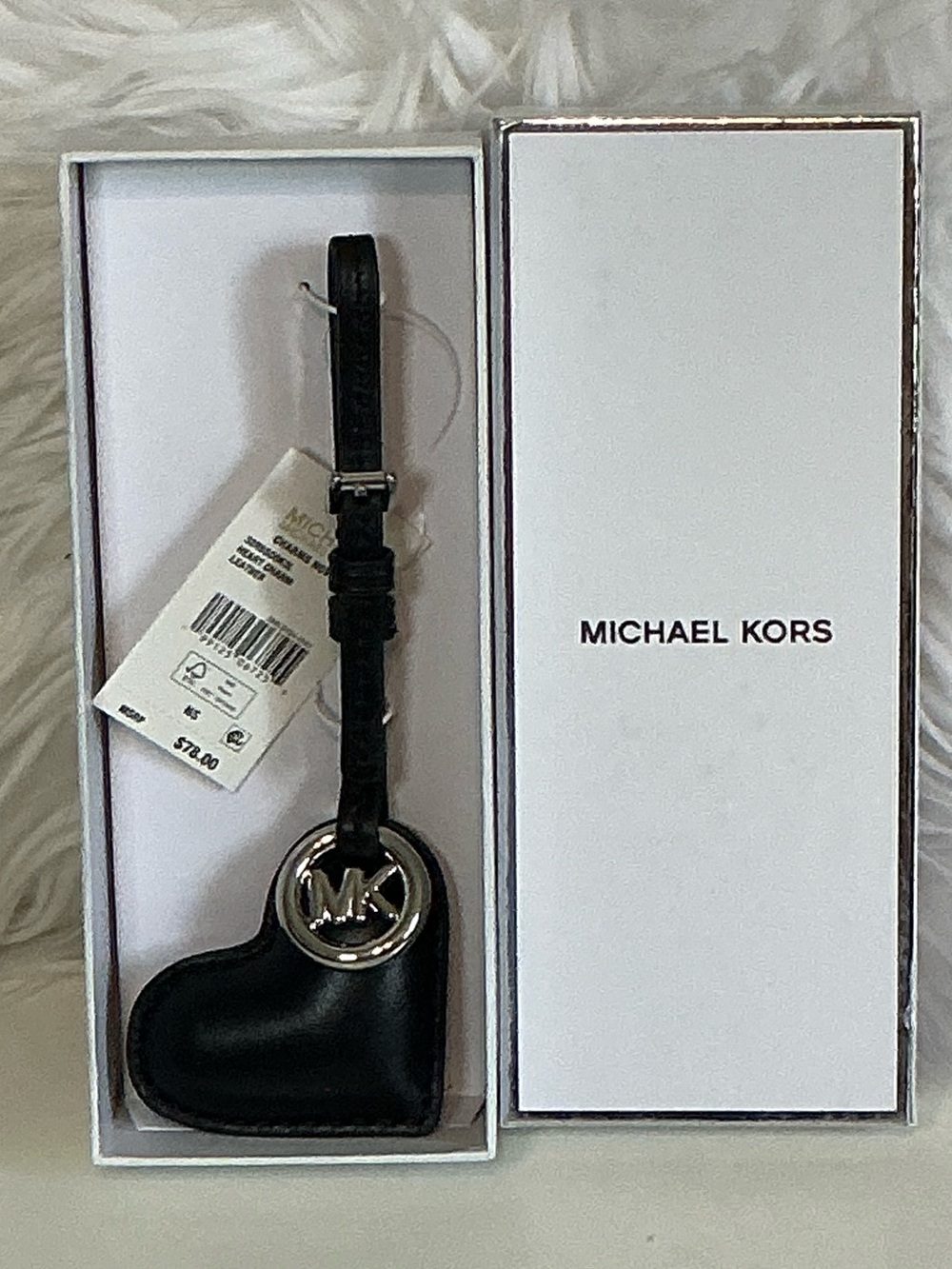Michael Kors Black Leather Puffy Heart Bag Charm Retail $78 NWT in Gift Box